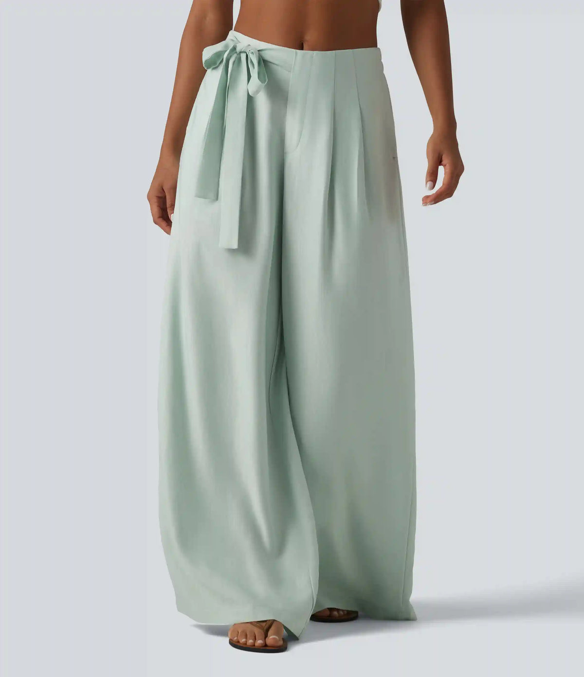 High Waisted Tie Side Baggy Linen-Blend Pants with Pockets