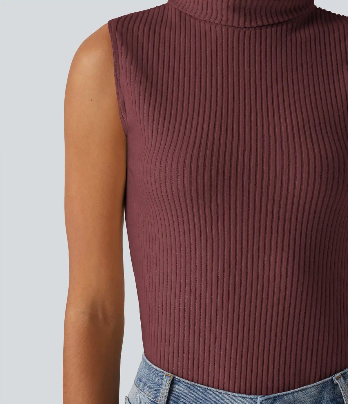 Ribbed Knit High Neck Casual Tank Top