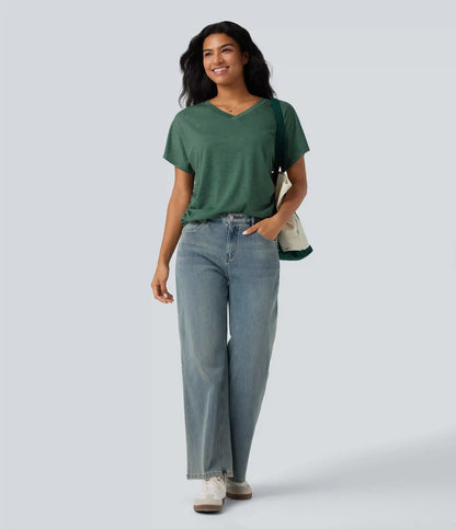 V-neck Short Sleeve Ruched Relaxed Casual Top