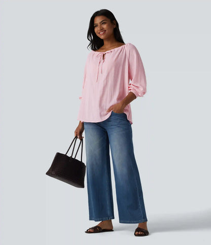 Off-shoulder Tie Long Sleeve Linen-Feel Oversized Casual Blouse