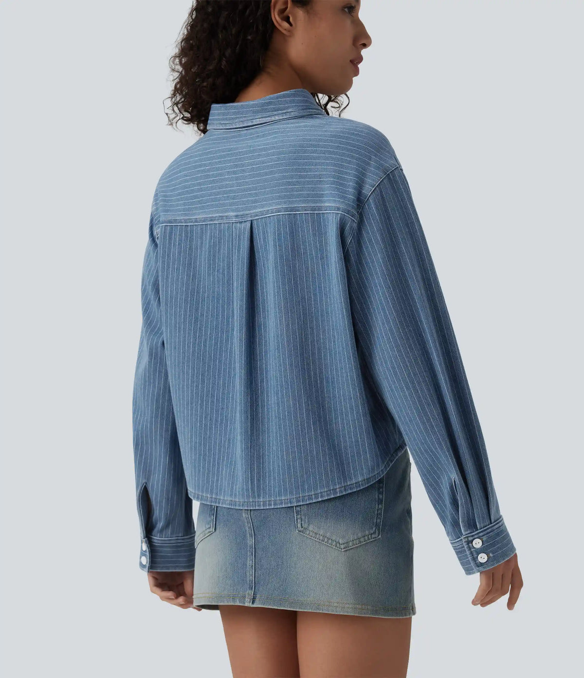 Halara Flex™ Long Sleeve Stripe Denim Casual Shirt with Pocket