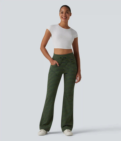 High Waisted Drawstring Tummy Control Stripe Waffle Flare Casual Pants with Pockets
