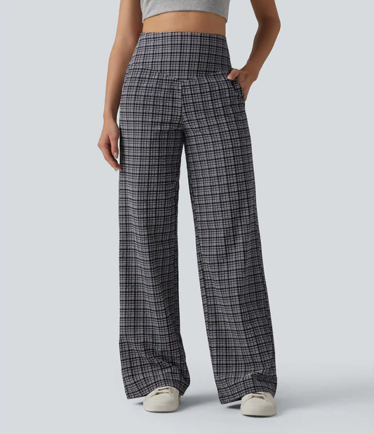 High Waisted Tummy Control Plaid Crinkle Quick Dry Casual Wide Leg Pants with Pockets