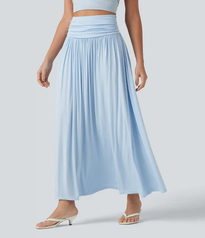 High Waisted Ruched Flowy Maxi Casual Skirt