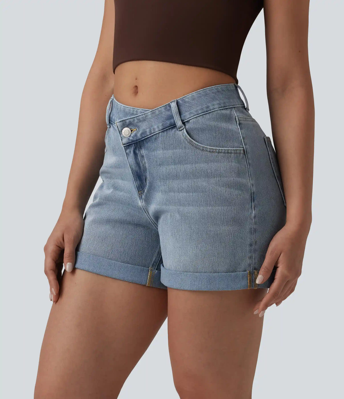 Halara Flex™ Asymmetric High Waisted Rolled Hem Washed Denim Casual Shorts with Pockets