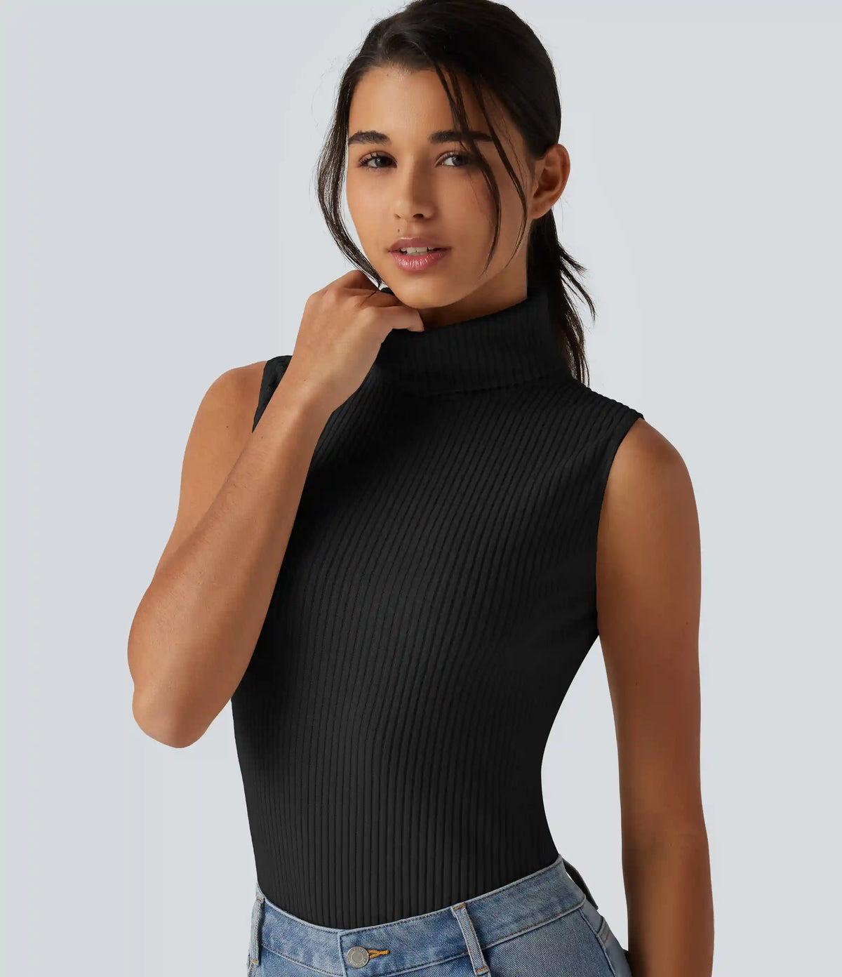 Ribbed Knit High Neck Casual Tank Top