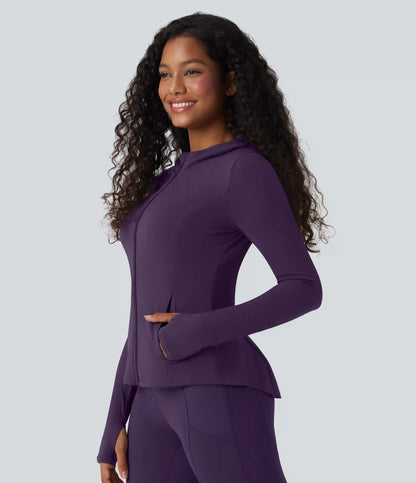 SoftlyZero™ Hooded Long Sleeve Thumb Hole Pleated Jacket with Pockets