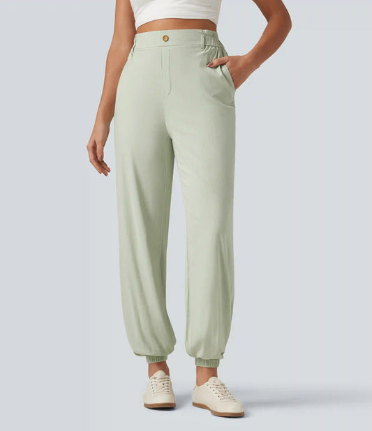 High Waisted Casual Stretch Linen Joggers with Pockets