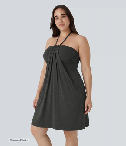 Plus Size Halter Tie Back Mini Resort Dress with Pockets