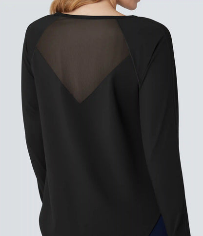 Round Neck Long Sleeve Thumb Hole Contrast Mesh Workout Sports Top