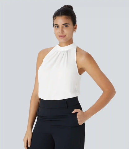 Keyhole Back Halter Sleeveless Curved Hem Work Blouse