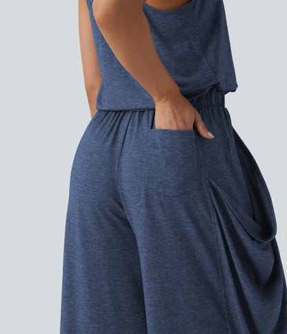 Sleeveless Cut Out Wide Leg Casual Jumpsuit with Pockets-Easy Peezy Edition