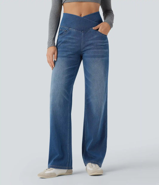 Halara Flex™ Crossover High Waisted Tummy Control Casual Straight Leg Jeans with Pockets