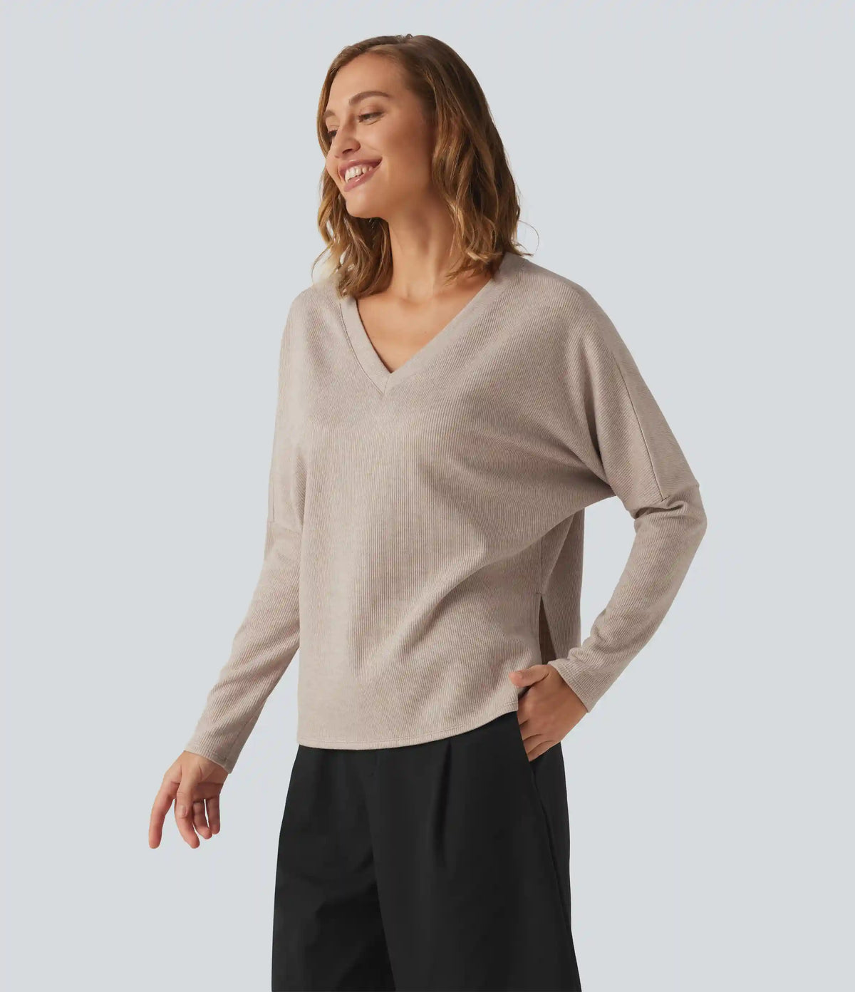 Ribbed V Neck Batwing Long Sleeve Casual Top