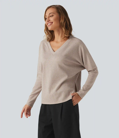 Ribbed V Neck Batwing Long Sleeve Casual Top