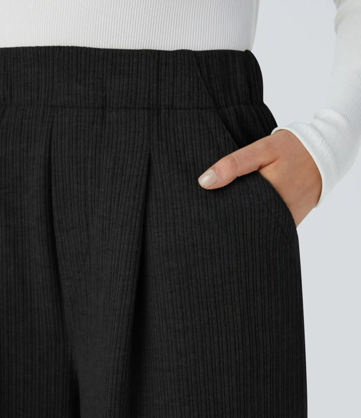 Ribbed High Waisted Pocket Wide Leg Casual Pants