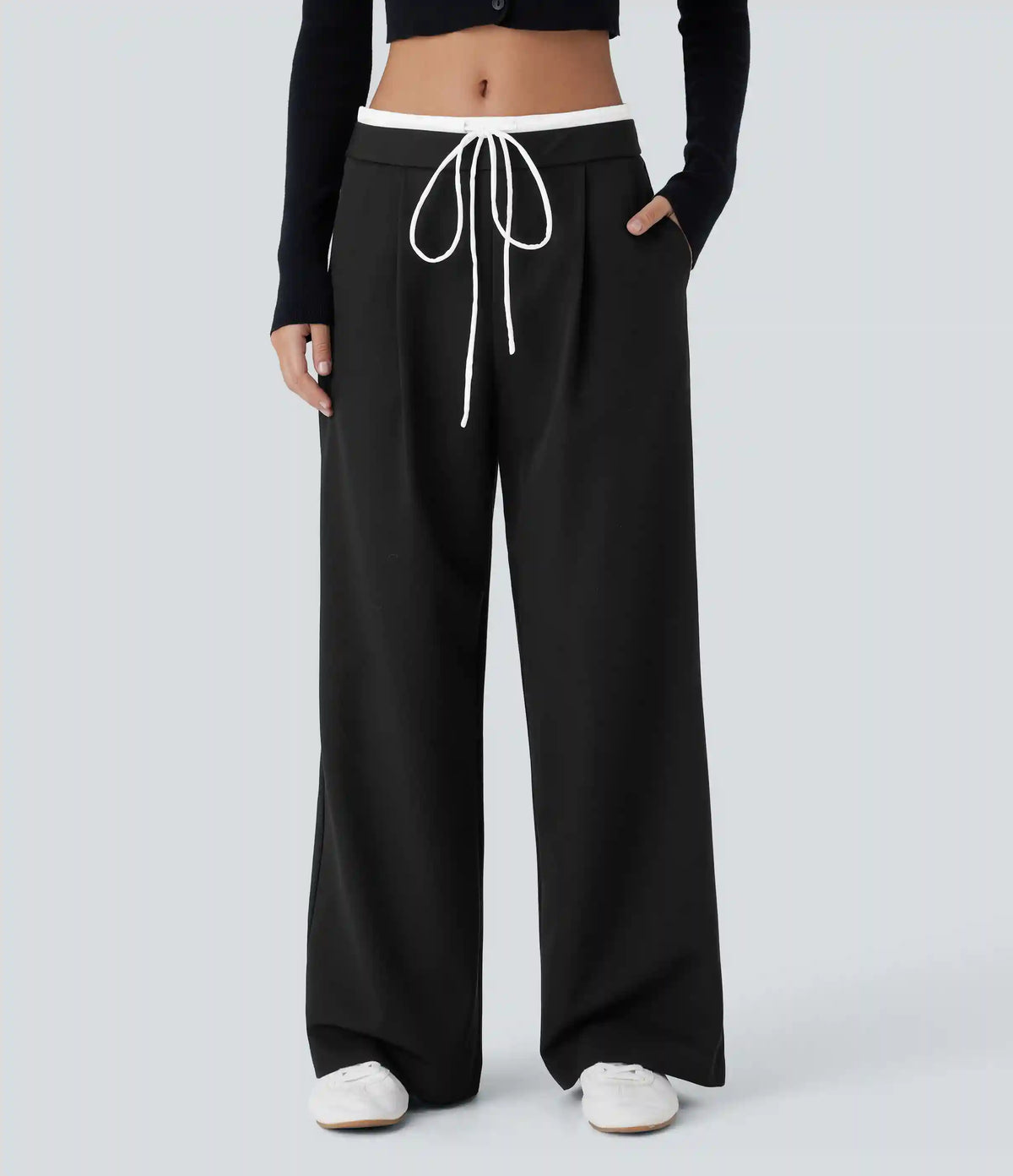 Double-Layer Color Block Low Rise Drawstring Pocket Wide Leg Casual Pants