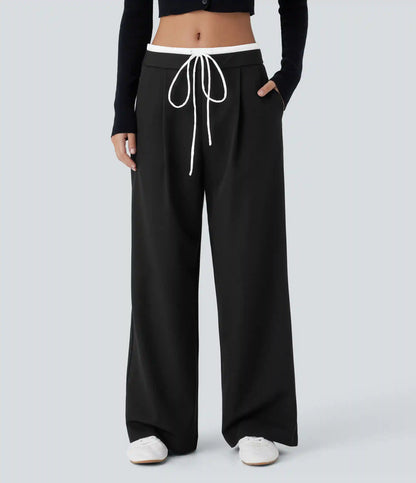 Double-Layer Color Block Low Rise Drawstring Pocket Wide Leg Casual Pants