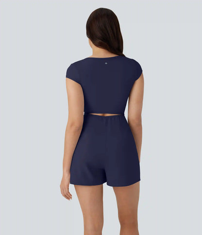 SoftlyZero™ Airy U Neck Cap Sleeve Pocket Cool Touch Yoga Romper-Easy Peezy