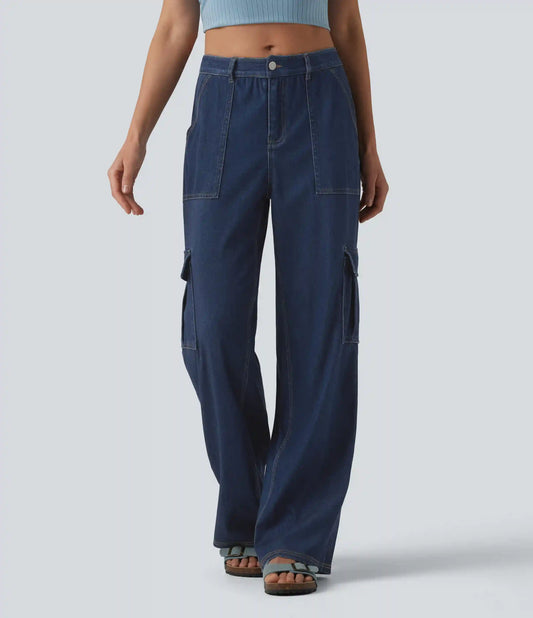 Halara Flex™ Mid Rise Draped Lyocell Washed Casual Straight Leg Cargo Jeans with Pockets