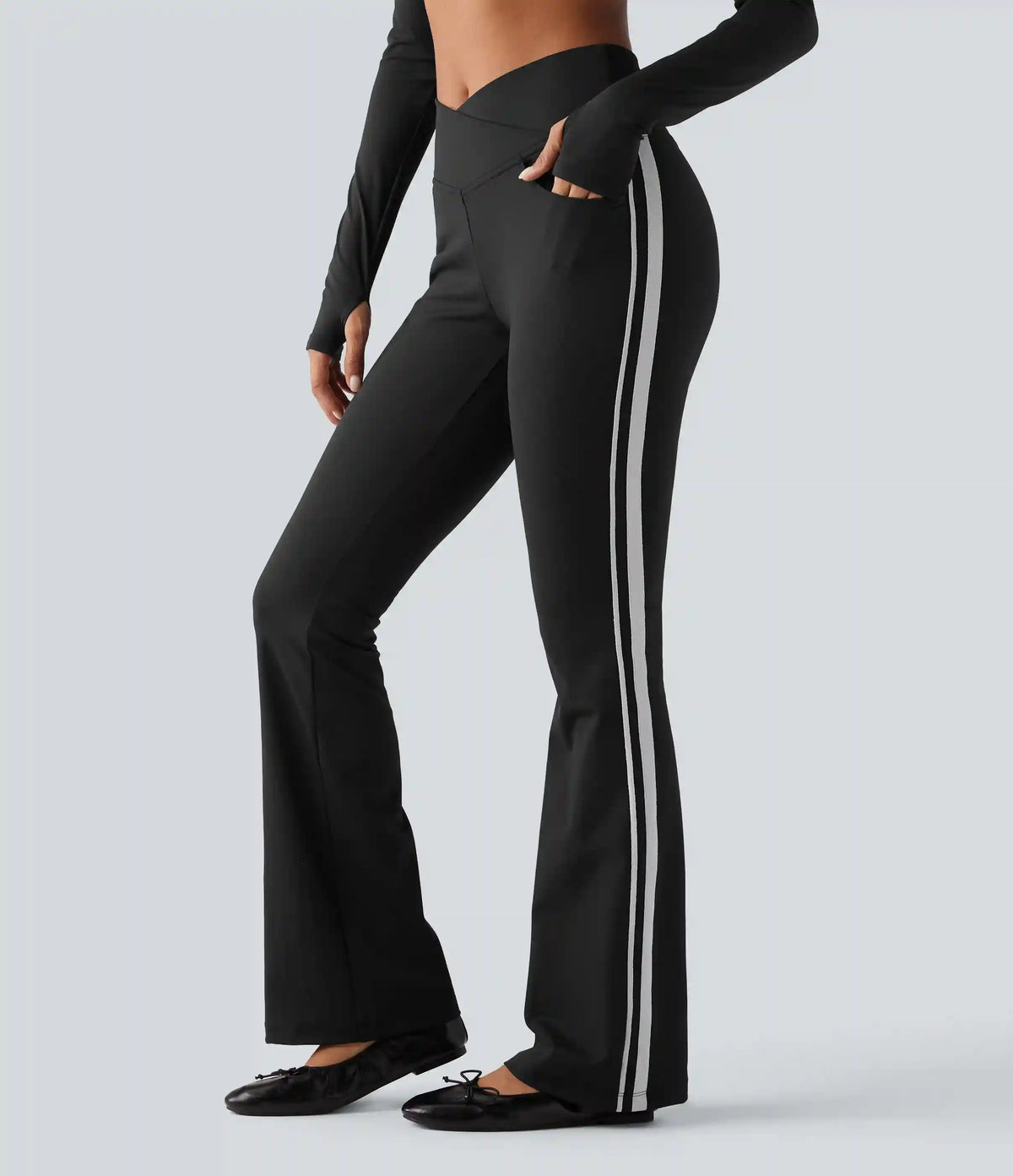 DayStretch High Waisted Crossover Tummy Control Side Stripe Bootcut Casual Pants with Pockets
