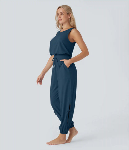 Sleeveless Cut Out Drawstring Pocket InstantCool Yoga Jumpsuit-UPF50+