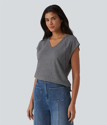 V Neck Batwing Short Sleeve Heathered Casual T-Shirt