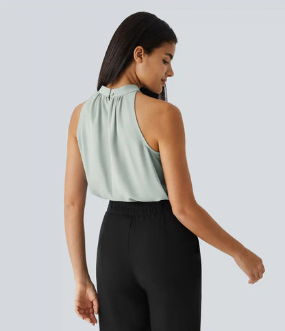 Keyhole Back Halter Sleeveless Curved Hem Work Blouse