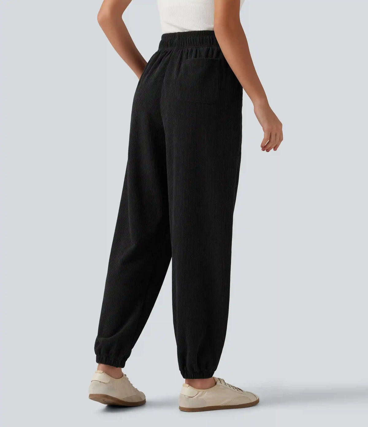 High Waisted Drawstring Tapered Corduroy Casual Joggers with Pockets