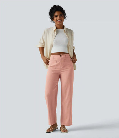 High Waisted Straight Leg Casual Linen-Feel Pants with Pockets