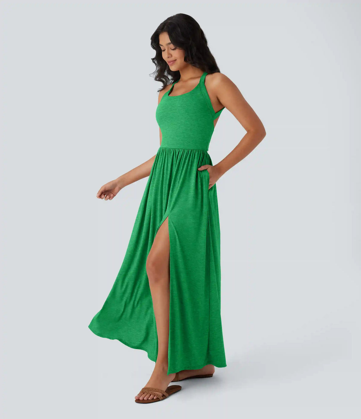 Twisted Backless Split Flowy Maxi Resort Dress with Pockets