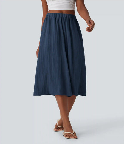 Mid Rise Wide Leg Flowy Linen-Feel Pants with Pocket