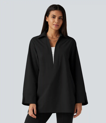 Color Block Belted Long Sleeve Work Shirt