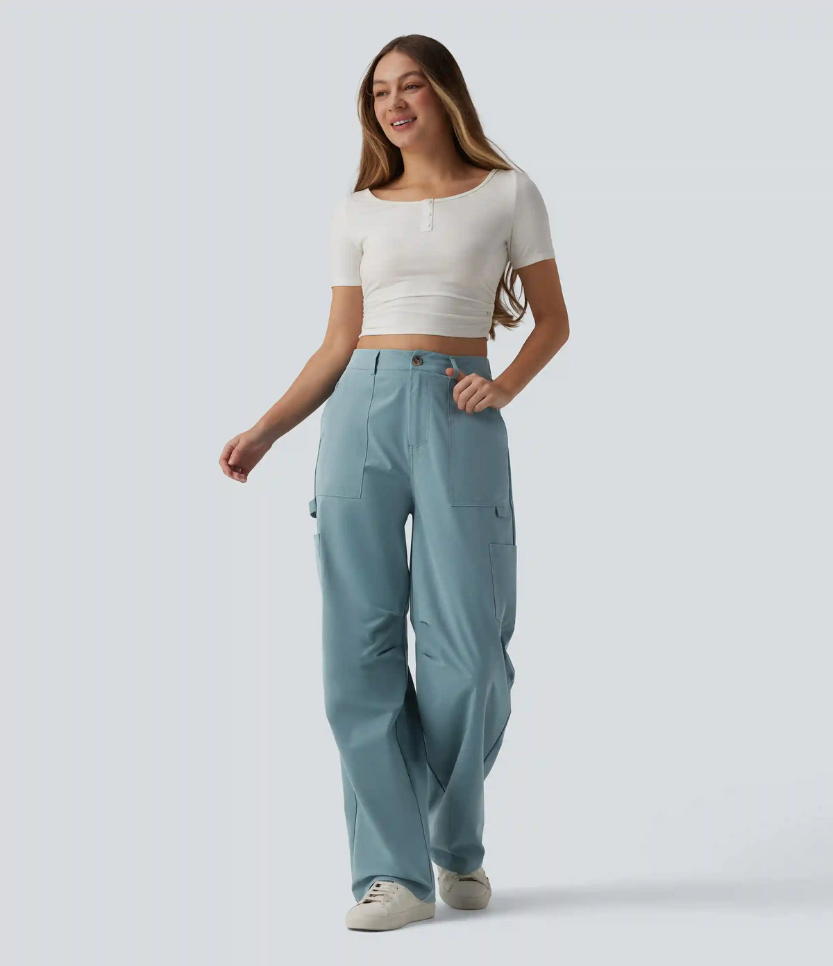 High Waisted Straight Leg Stretchy Poplin Casual Cargo Pants with Pockets