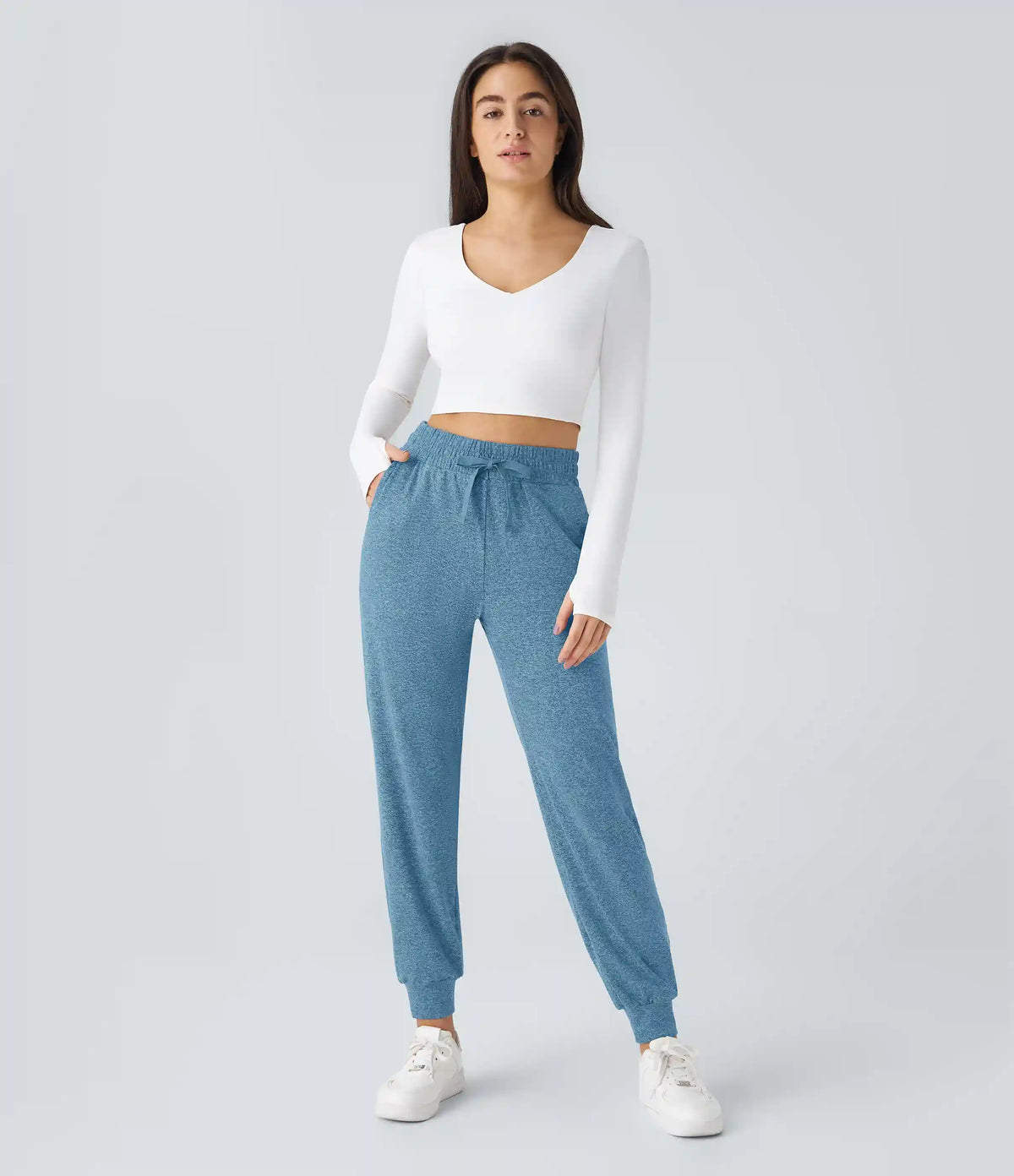 High Waisted Drawstring Pocket Ruched Yoga Joggers with Pockets