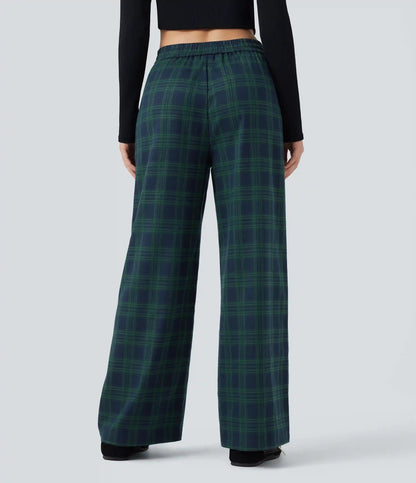 High-waisted Plaid Print Casual Baggy Pants with Pockets