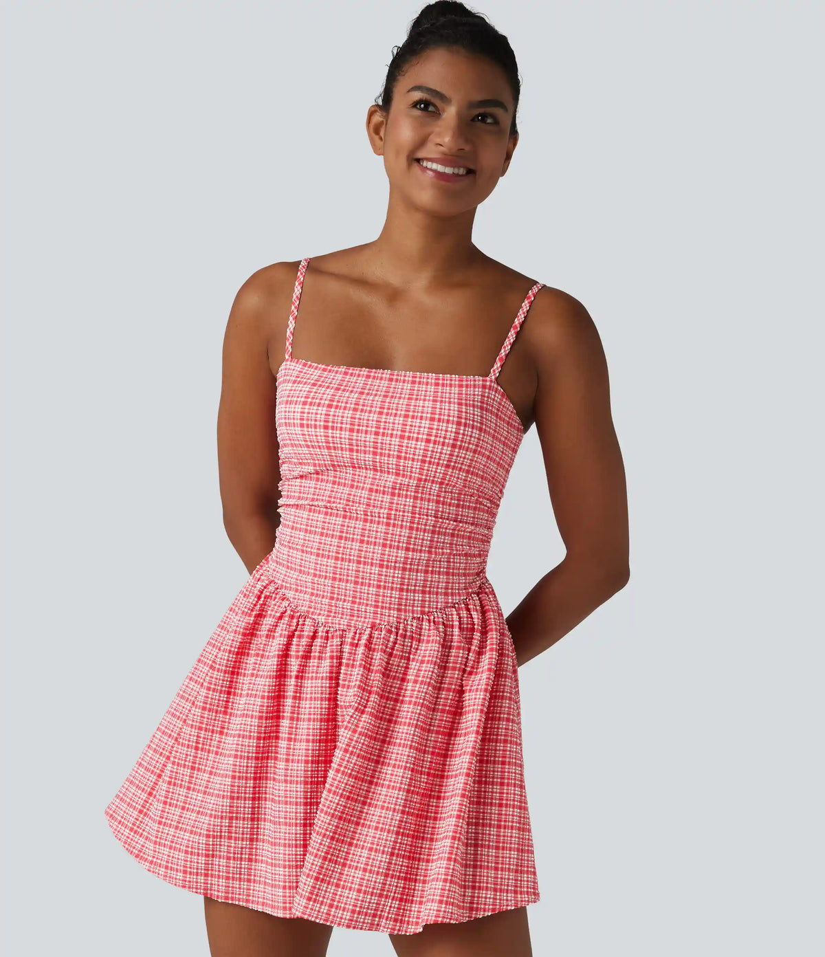 Adjustable Straps 2-in-1 Built-in Bra A-line Mini Plaid Crinkle Quick Dry Tennis Active Slip Dress with Pockets-Easy Peezy