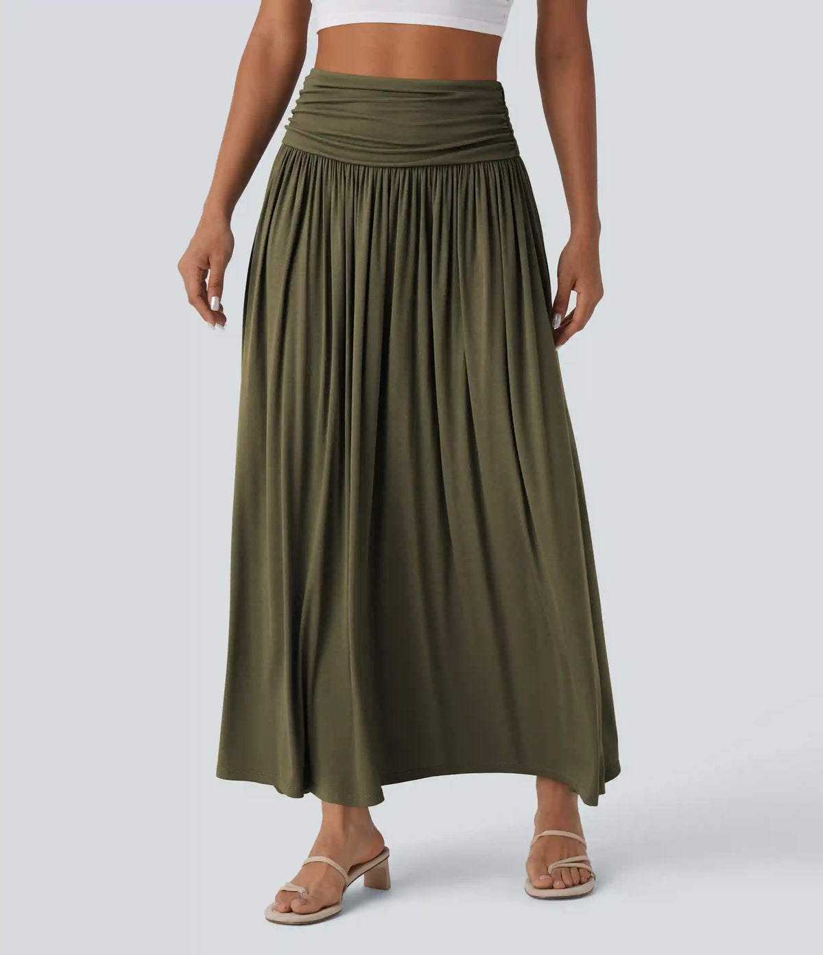High Waisted Ruched Flowy Maxi Casual Skirt