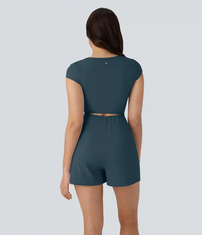 SoftlyZero™ Airy U Neck Cap Sleeve Pocket Cool Touch Yoga Romper-Easy Peezy