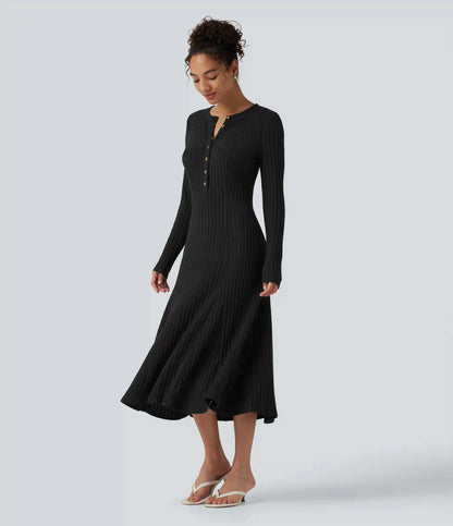 Ribbed Knit Henley Neck Long Sleeve Flowy Midi Casual Dress