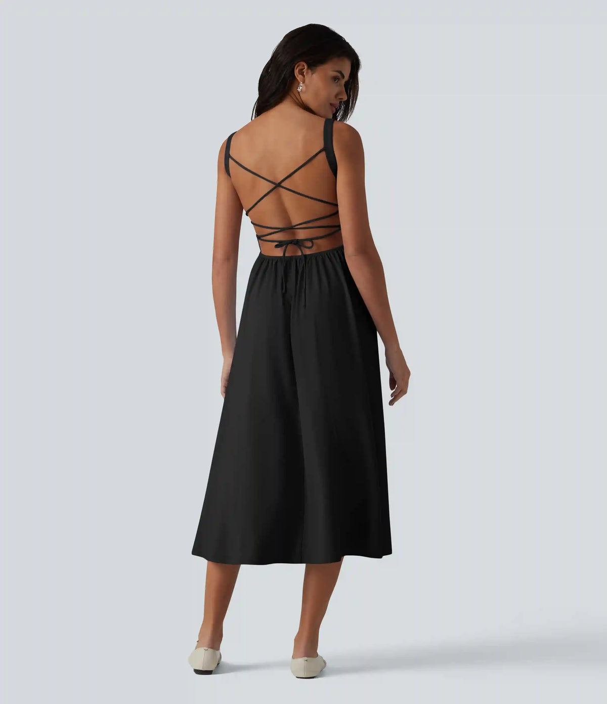 Crisscross Backless Square Neck Sleeveless Ruched Built-in Bra Midi Resort Flowy Milkmaid Dress