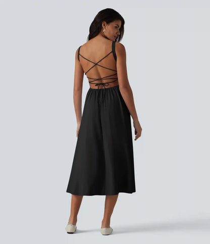 Crisscross Backless Square Neck Sleeveless Ruched Built-in Bra Midi Resort Flowy Milkmaid Dress