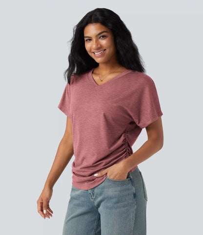 V-neck Short Sleeve Ruched Relaxed Casual Top