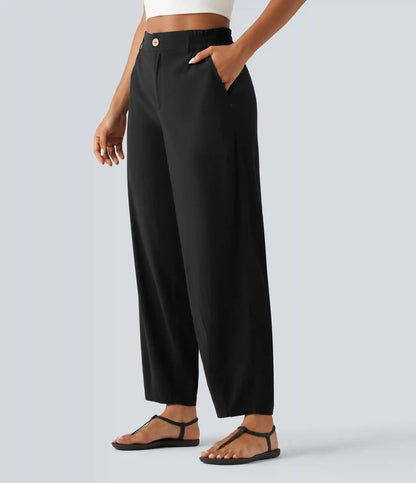 High Waisted Tapered Casual Stretch Linen Pants with Pockets