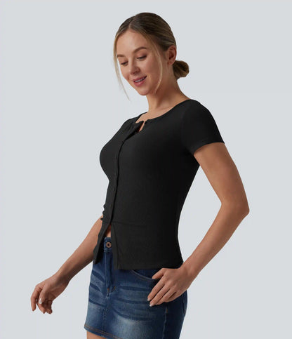 Ribbed Knit Boat Neck Short Sleeve Casual Top