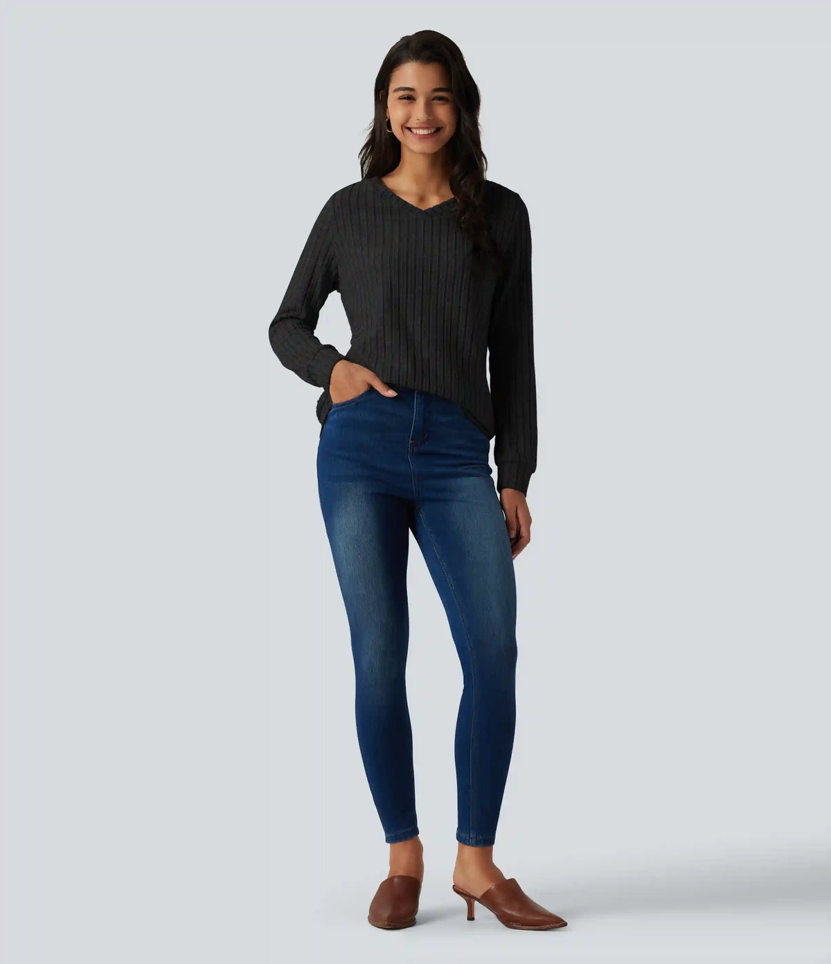 Ribbed Knit V Neck Long Sleeve Casual T-Shirt