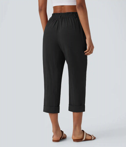 High Waisted Zipper Pocket Cropped Linen-Feel Pants