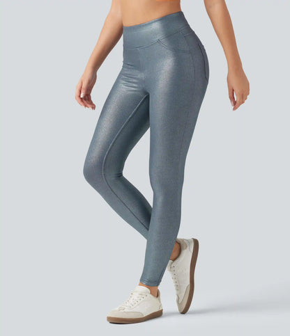 Ribbed Knit High Waisted Foil Print Yoga Leggings with Pockets