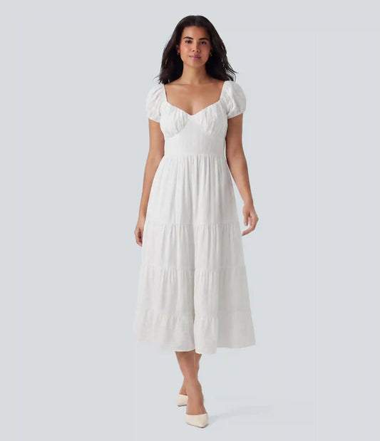 Queen Anne Neck Puff Sleeve Shirred Midi Casual Tiered Dress with Pockets