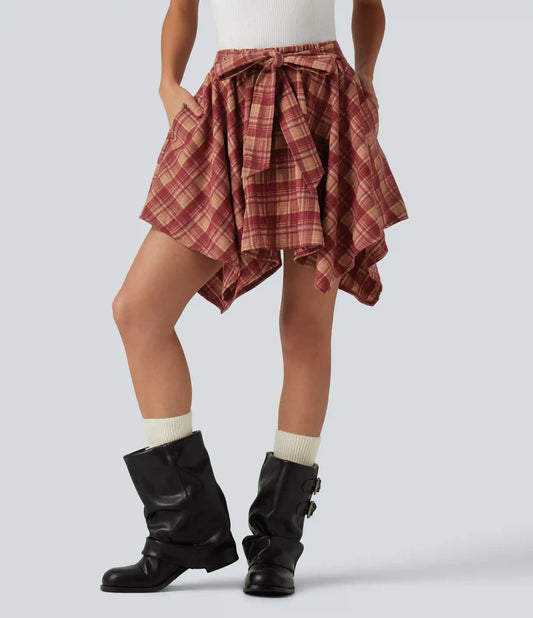 High Waisted Tie Front 2-in-1 Plaid Mini Casual Skirt with Pockets